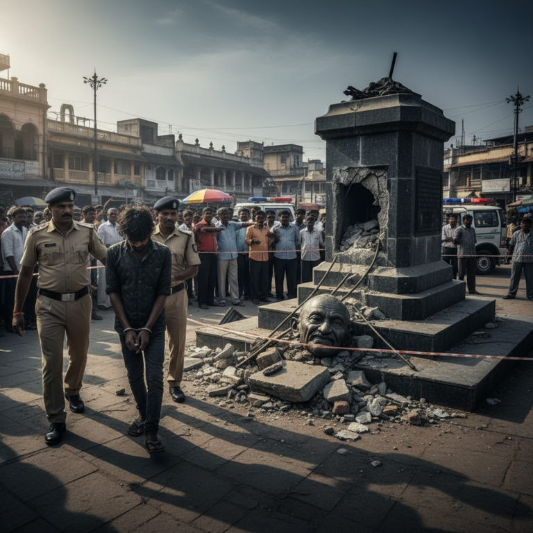 ಹಾವೇರಿ ಪಟ್ಟಣದಲ್ಲಿ ಮಹಾತ್ಮ ಗಾಂಧಿ ಪ್ರತಿಮೆ ಧ್ವಂಸ; ಓರ್ವ ವ್ಯಕ್ತಿಯ ಬಂಧನ