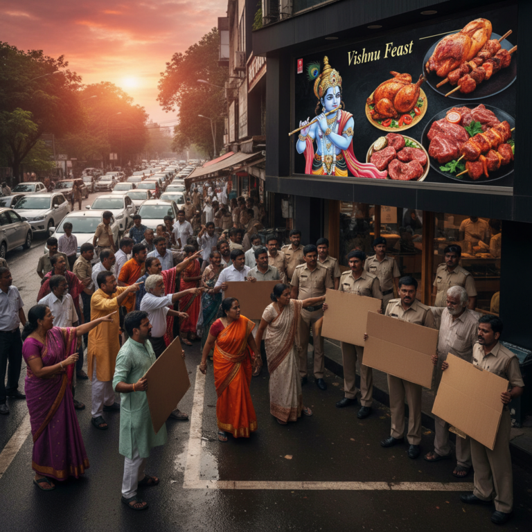 ವಿಷು ಪೋಸ್ಟರ್ ವಿವಾದ: ಶ್ರೀಕೃಷ್ಣನ ಚಿತ್ರದೊಂದಿಗೆ ಮಾಂಸದ ಜಾಹೀರಾತು, ಬೆಂಗಳೂರು ರೆಸ್ಟೋರೆಂಟ್ ವಿರುದ್ಧ ಹಿಂದೂ ಸಂಘಟನೆ ಆಕ್ರೋಶ